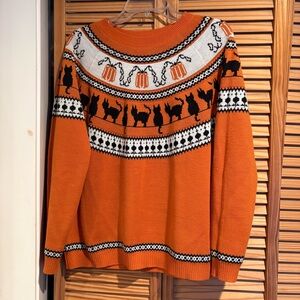 Orange Halloween Sweater with Black Cat and Pumpkin Design Acrylic Small Fall